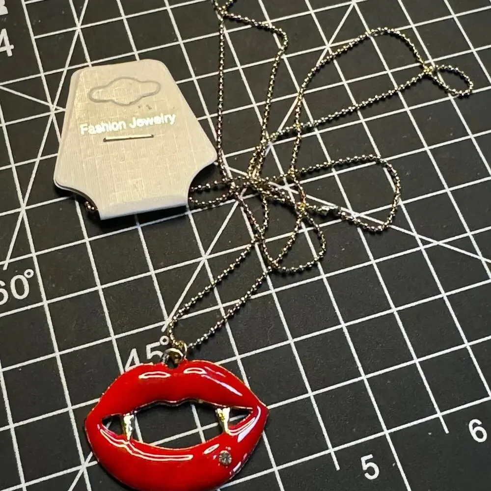 Vampire Lips Fang Necklace Red Enamel Goth Whimsy Halloween Punk Ball Chain